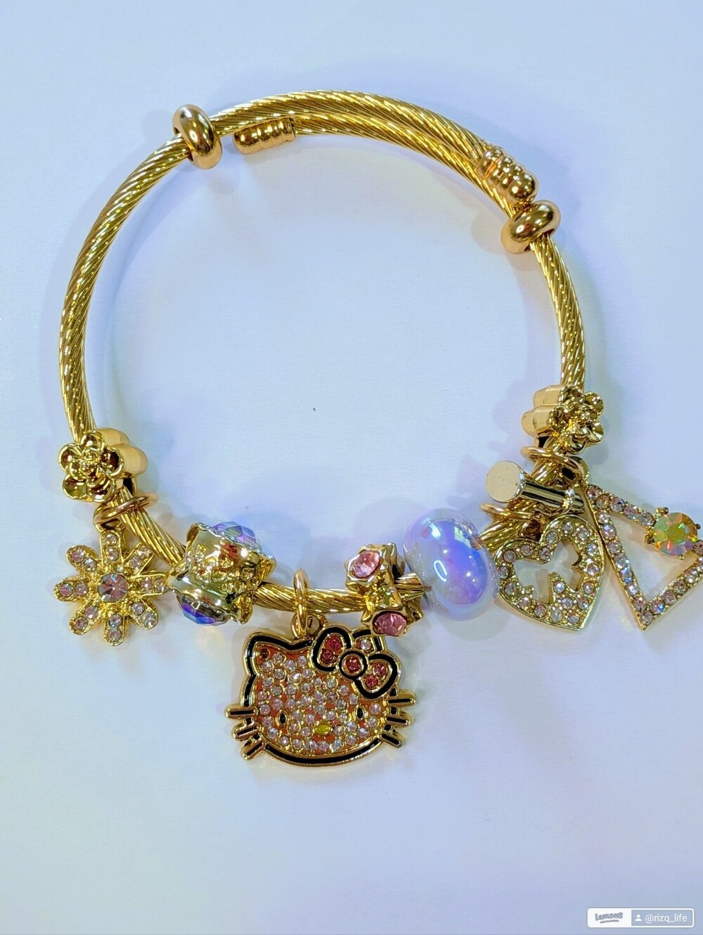 Hello Kitty Gold Charm Bracelet Sanrio Pink Rhinestone Crystal Heart Jewelry